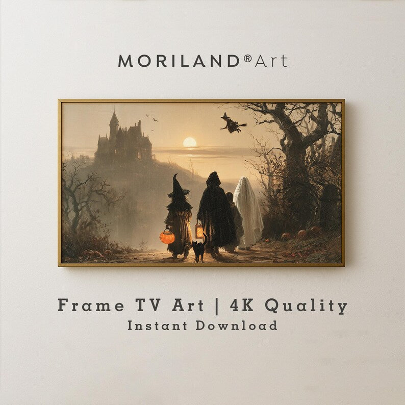 Vintage Halloween Frame TV art with trick-or-treaters witch ghost and castle – seasonal 4K artwork