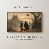 Vintage Halloween Frame TV art with trick-or-treaters witch ghost and castle – seasonal 4K artwork