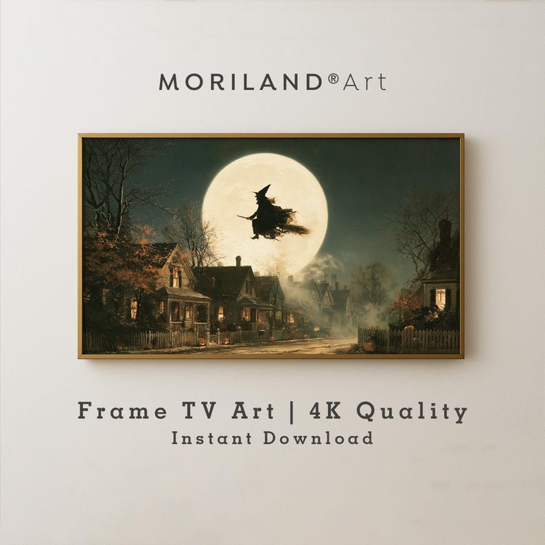 Halloween Frame TV art with witch flying across full moon over vintage neighborhood – 4K digital download