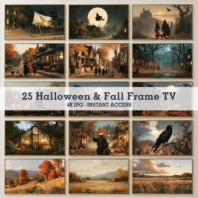 25 Halloween and fall Frame TV art bundle overview with ghosts witches pumpkins and autumn landscapes