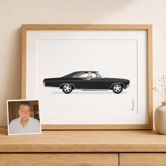 Framed custom memorial portrait of a father driving his black classic car, displayed beside his original family photograph.