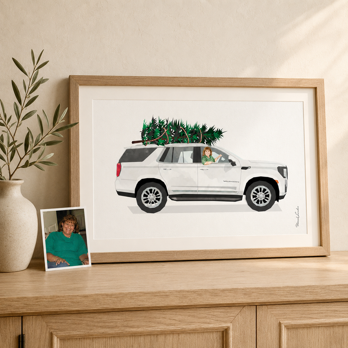 Custom memorial portrait of a loved one in her white SUV, displayed beside her original photograph.