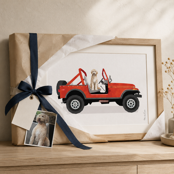 Wrapped custom dog memorial portrait featuring a cream doodle in a red Jeep, presented with the original pet photograph.