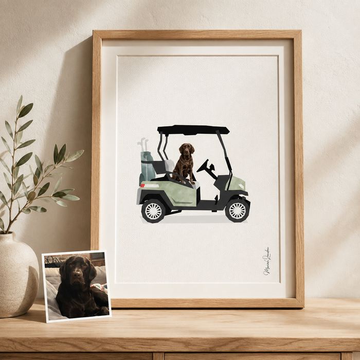Custom chocolate Labrador memorial portrait in a sage green golf cart, displayed beside the original pet photograph.