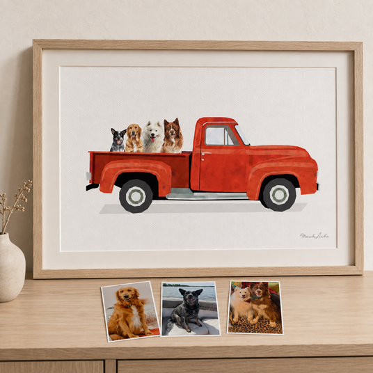 Framed custom pet memorial portrait featuring four dogs in a red vintage truck, displayed with their original photographs.