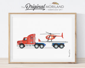 Red Semi Truck and Helicopter Printable Wall Art | MORILAND