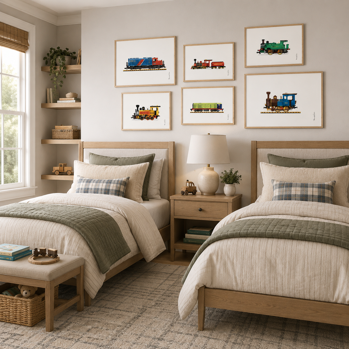 Vintage train printable wall art set of 6 displayed above two twin beds in a contemporary shared boys’ bedroom.