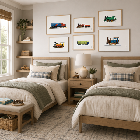 Vintage train printable wall art set of 6 displayed above two twin beds in a contemporary shared boys’ bedroom.