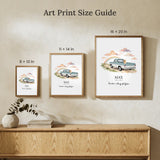 Size guide showing a personalized dog memorial print in oak frames at 8x10, 11x14 and 16x20 inches on a cream wall above a wooden sideboard