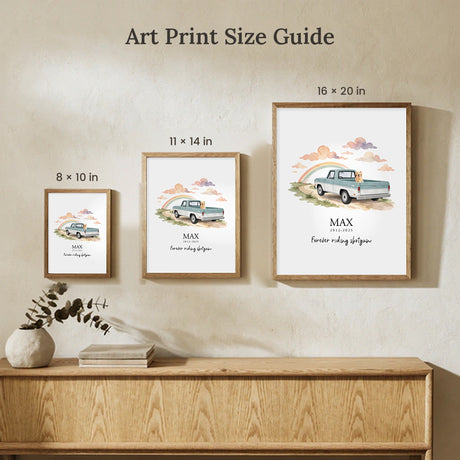 Size guide showing a personalized dog memorial print in oak frames at 8x10, 11x14 and 16x20 inches on a cream wall above a wooden sideboard