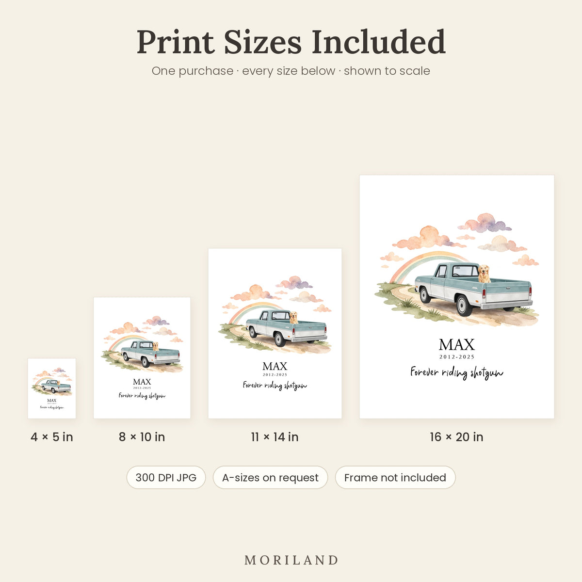 Print sizes included with this digital dog memorial print, shown to scale: 4x5, 8x10, 11x14 and 16x20 inches, as high-resolution 300 DPI JPG files