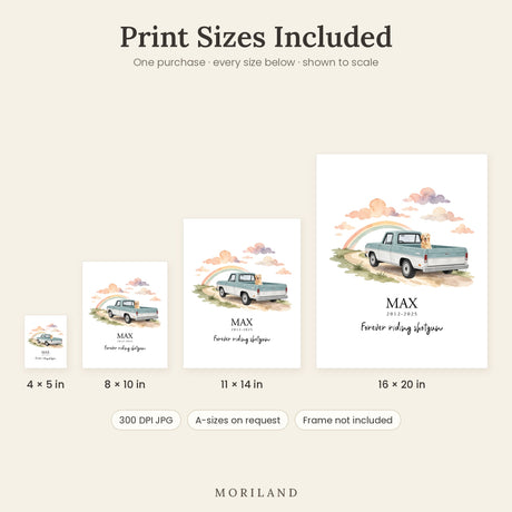Print sizes included with this digital dog memorial print, shown to scale: 4x5, 8x10, 11x14 and 16x20 inches, as high-resolution 300 DPI JPG files