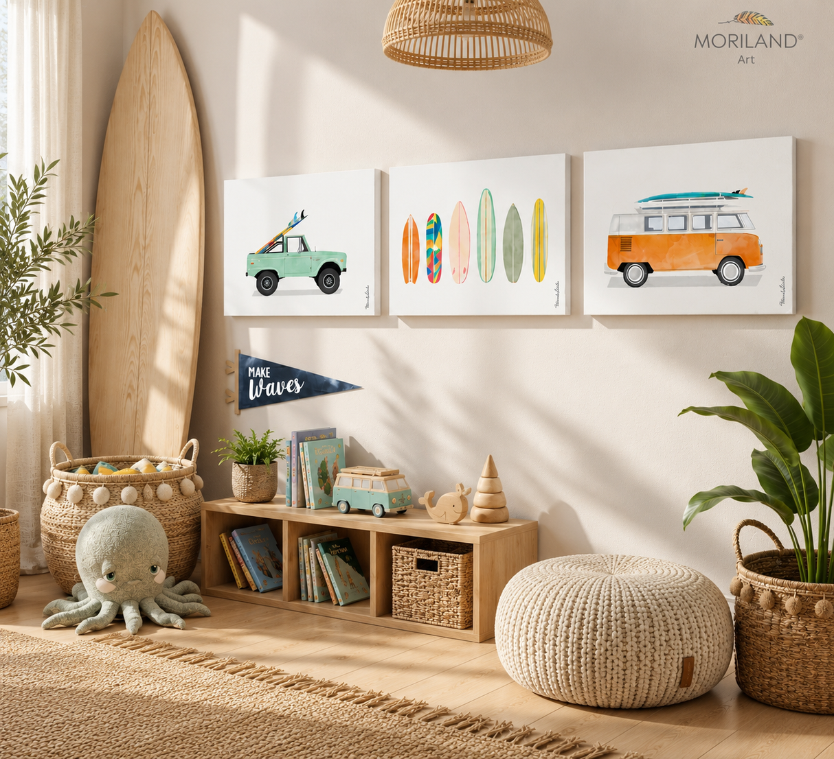 Coastal surf nursery wall art set of 3 canvas prints featuring a mint vintage truck, colorful surfboards, and an orange VW camper van in a modern beach-themed boys' room.