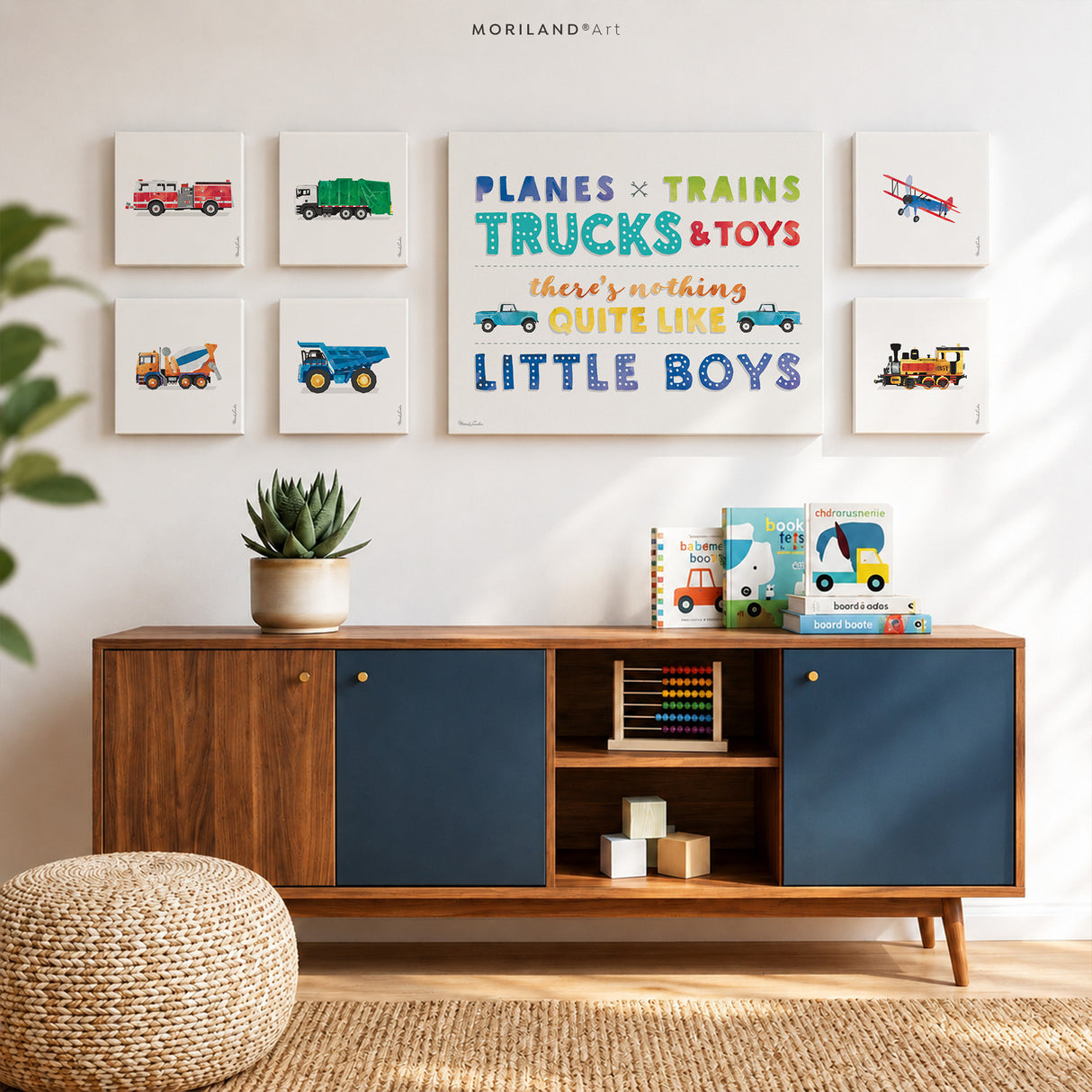 Transportation canvas prints gallery wall featuring planes, trains, trucks, construction vehicles, and colorful typography for a boys nursery, playroom, or toddler bedroom.