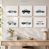 Set of six vintage watercolor car prints displayed in a modern Scandinavian-style room above a light wood console table.