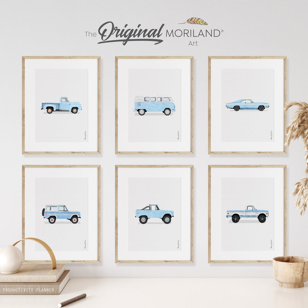 Baby Blue Classic Cars Art Prints | Vertical - Printable Set of 6 - LAND146, Car Prints for Boys Room, Nursery Decor, Vehicle Toddler Bedroom Decor, Gift for Him | MORILAND®