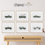 Dark Green Classic Cars Art Prints - Printable Set of 6, Boy Wall Decor, Transportation Poster, Boy Nursery Wall Art, Surf, Back to School Gift, Old Truck Print, Car Prints, Classic Sports Car Print, Printable Art, Kids Poster, Classroom Decor Ideas | by MORILAND