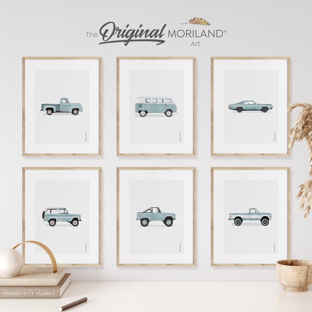 Pale Blue Classic Cars Art Prints | Vertical - Printable Set of 6 - LAND139, Car Prints for Boys Room, Nursery Decor, Vehicle Toddler Bedroom Decor, Gift for Him | MORILAND®