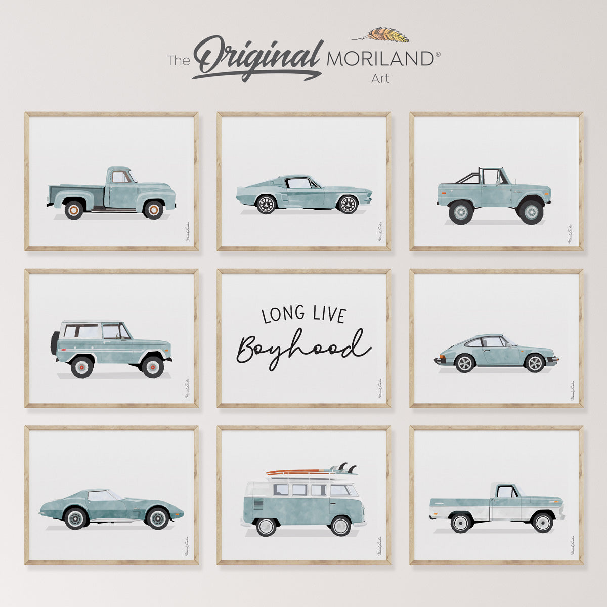 Pale Blue Classic Cars & Long Live Boyhood - Printable Set of 9 - LAND141 Transportation Wall Art Decor, Pale Blue Classic Cars Art Prints - Printable Set of 6, Car Poster, Boy Nursery Decor, Car Prints