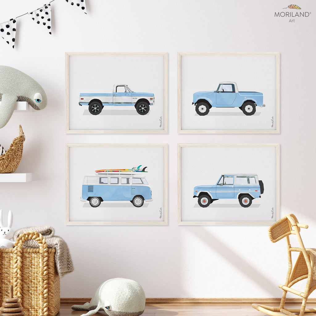 Baby Blue Classic Cars and Trucks - Printable Set of 4 - LAND116, Transportation Nursery, Truck Room Art, Toddler Boy Room Decor, Instant Download Art, Baby Wall Art, Cars Room, Playroom Art, Children's Room Decor, Kids Wall Decor, Preschool Transportation, Car Prints, Classic Sports Car Print, Printable Art, Kids Poster, Classroom Decor Ideas | by MORILAND