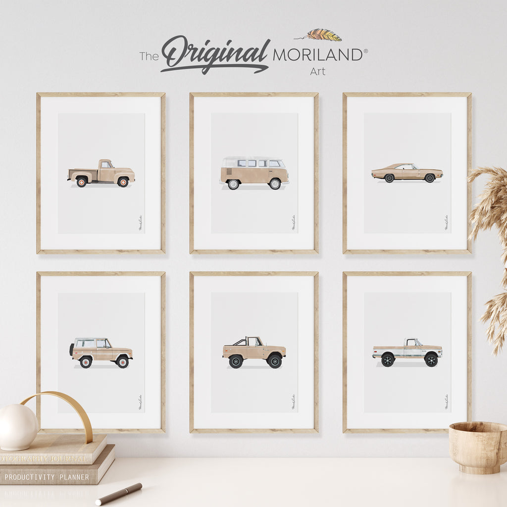 Beige Classic Cars Art Prints - Printable Set of 6 | Vertical, Car Poster, Car Prints Boys Room, Surf Nursery Decor, Surfboard | MORILAND®