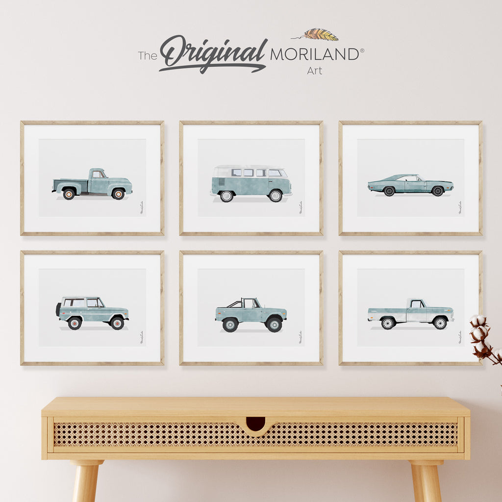 Pale Blue Classic Cars Art Prints - Printable Set of 6, Car Prints for Boys Room, Nursery Decor, Surf Art, Surfboard | MORILAND®