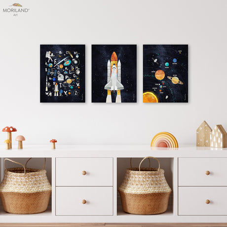 Space Nursery Wall Art Set of 3 Canvas Prints | Rocket, Solar System & Space Alphabet | LAND115