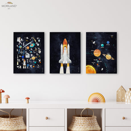Space Nursery Wall Art Set of 3 Canvas Prints | Rocket, Solar System & Space Alphabet | LAND115