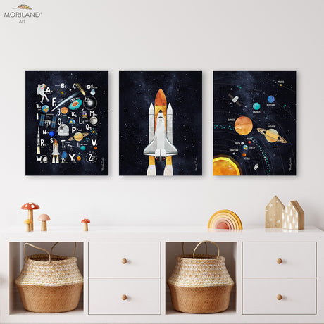 Space Nursery Wall Art Set of 3 Canvas Prints | Rocket, Solar System & Space Alphabet | LAND115
