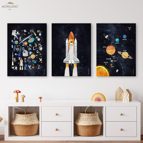 Space Nursery Wall Art Set of 3 Canvas Prints | Rocket, Solar System & Space Alphabet | LAND115