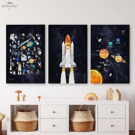 Space Nursery Wall Art Set of 3 Canvas Prints | Rocket, Solar System & Space Alphabet | LAND115