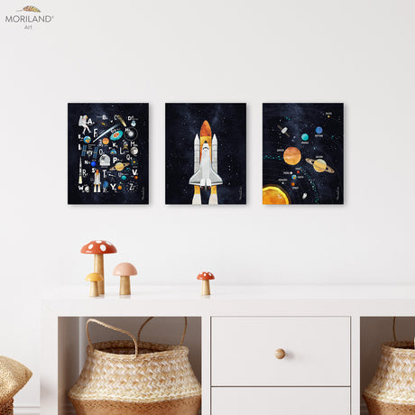 Space Nursery Wall Art Set of 3 Canvas Prints | Rocket, Solar System & Space Alphabet | LAND115