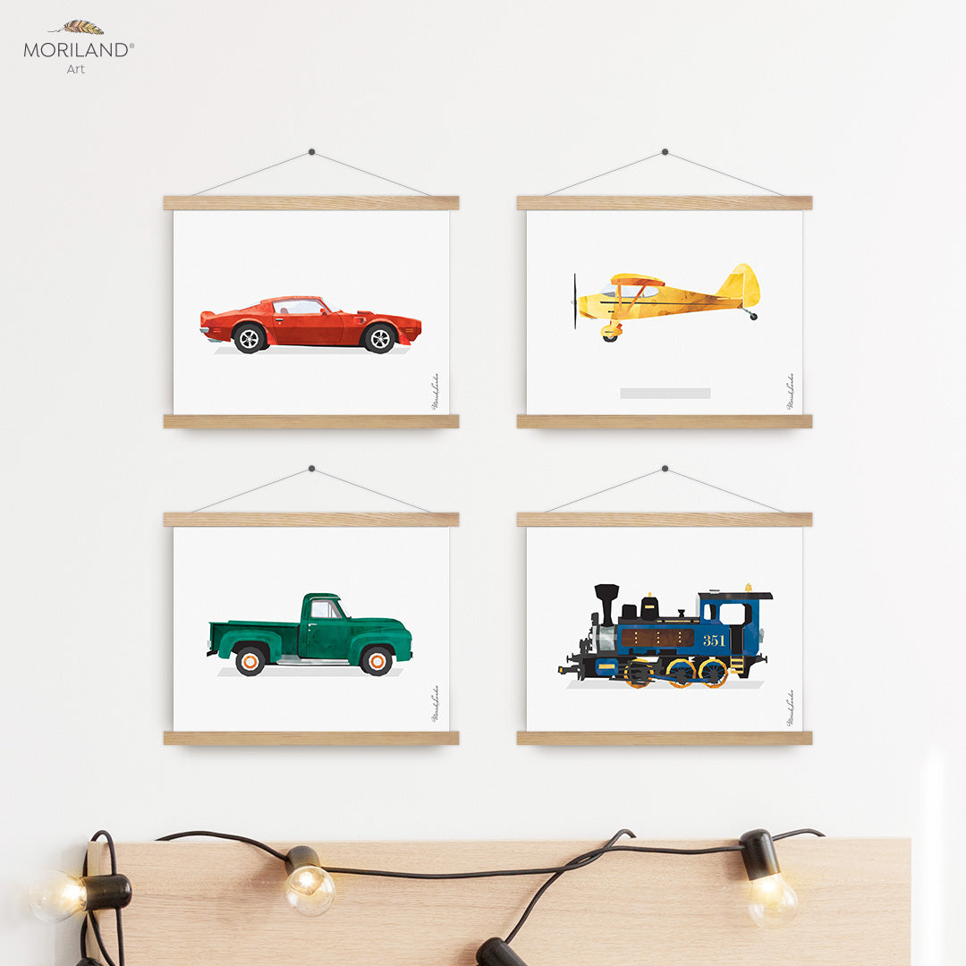 Plane, Train, Truck and Sports Car - Printable Set of 4, Transportation Nursery, Truck Room Art, Toddler Boy Room Decor, Instant Download Art, Baby Wall Art, Cars Room, Playroom Art, Children's Room Decor, Kids Wall Decor, Preschool Transportation, Car Prints, Train Print, Classic Sports Car Print, Printable Art, Kids Poster, Classroom Decor Ideas | by MORILAND