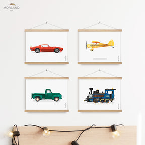 Plane, Train, Truck and Sports Car - Printable Set of 4, Transportation Nursery, Truck Room Art, Toddler Boy Room Decor, Instant Download Art, Baby Wall Art, Cars Room, Playroom Art, Children's Room Decor, Kids Wall Decor, Preschool Transportation, Car Prints, Train Print, Classic Sports Car Print, Printable Art, Kids Poster, Classroom Decor Ideas | by MORILAND