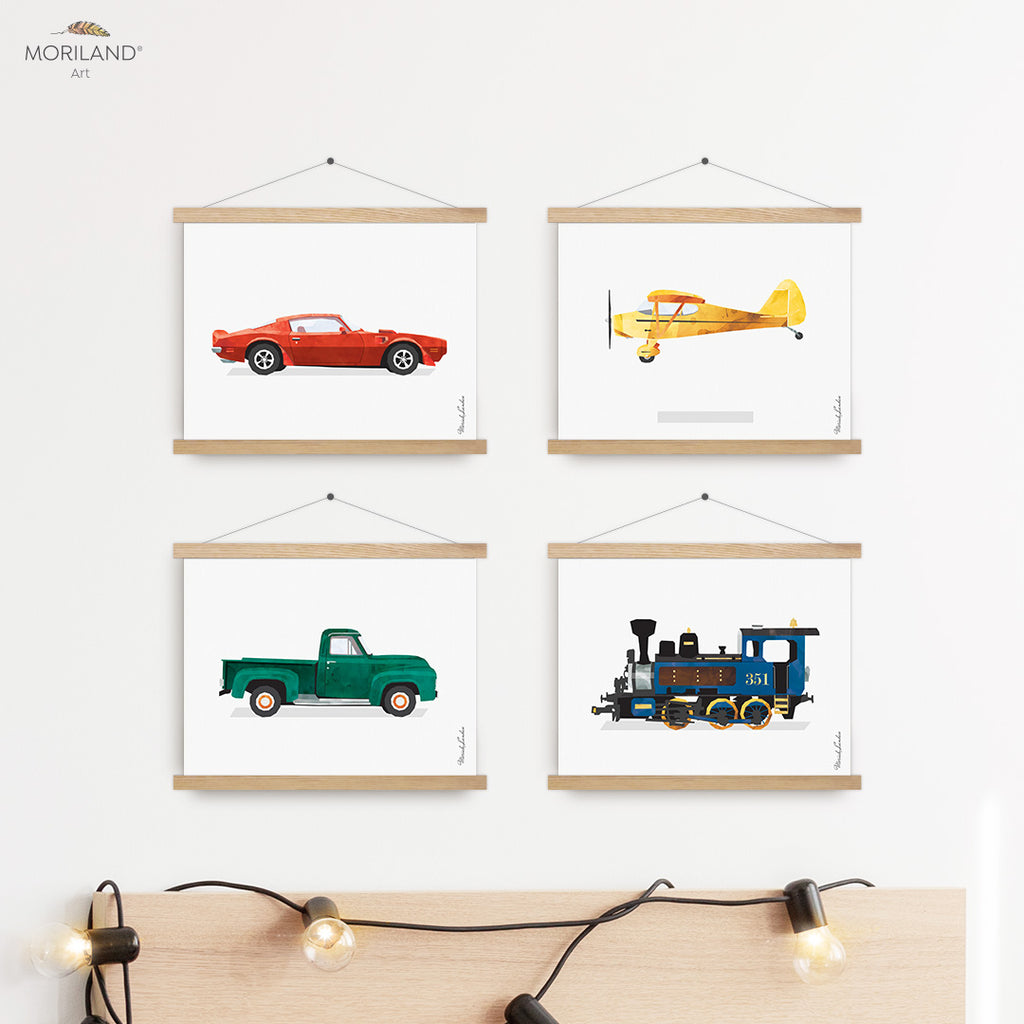 Plane, Train, Truck and Sports Car - Printable Set of 4, Transportation Nursery, Truck Room Art, Toddler Boy Room Decor, Instant Download Art, Baby Wall Art, Cars Room, Playroom Art, Children's Room Decor, Kids Wall Decor, Preschool Transportation, Car Prints, Train Print, Classic Sports Car Print, Printable Art, Kids Poster, Classroom Decor Ideas | by MORILAND