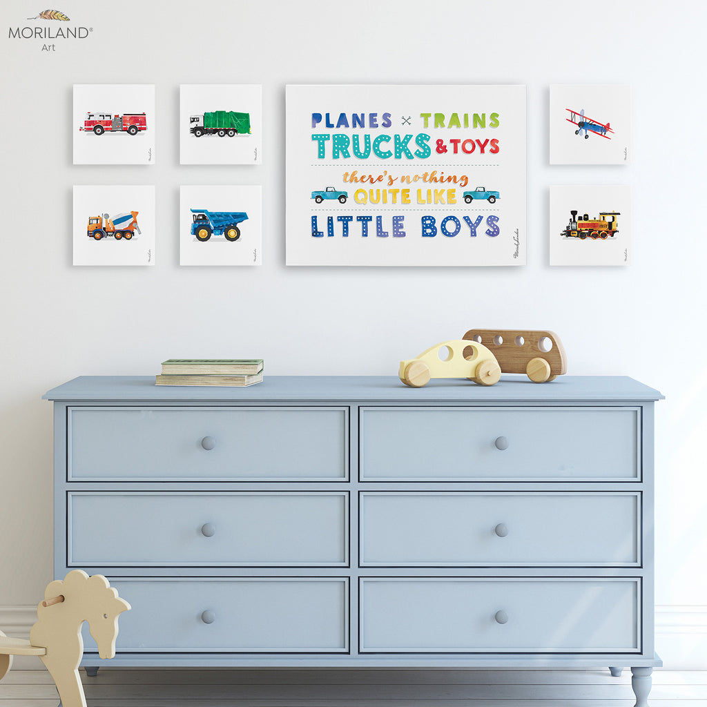 Planes trains trucks and toys quote fire truck, dump truck watercolor canvas prints for boy bedroom decor by MORILAND