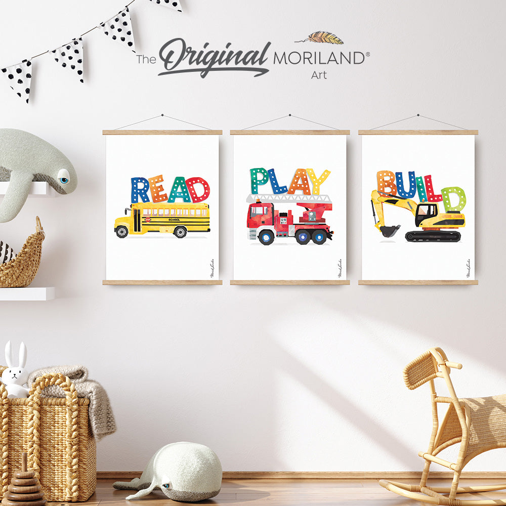 Play Read Build Art Prints - Printable Set of 3 - Playroom Wall Decor, School Bus, Fire Truck, Digger