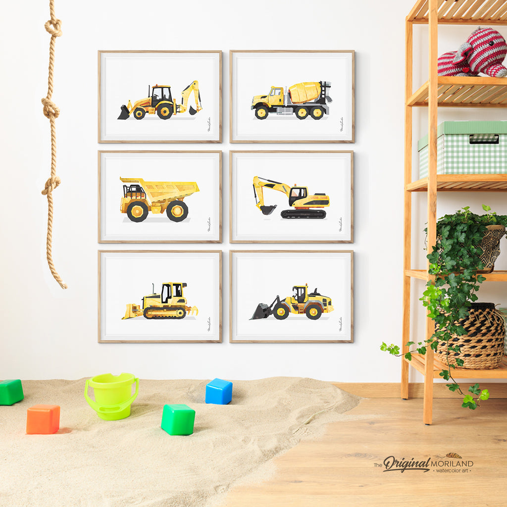 Construction Vehicles like Digger, Dump Truck and Cement Mixer Wall Art for Boy Bedroom Decor