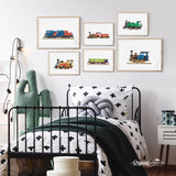 watercolor train locomotive wall art prints for boy room decor - by MORILAND