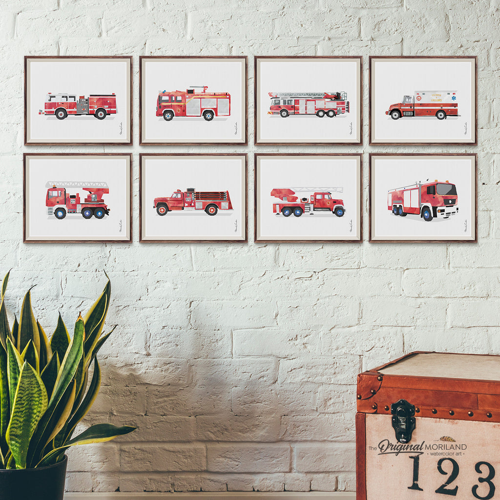 Fire Truck and fire engine Wall Art set for boy bedroom and playroom decor