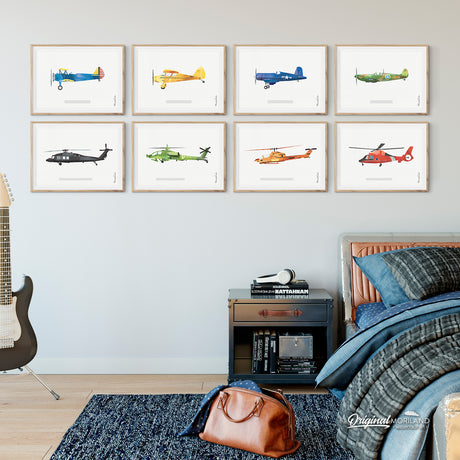 Stearman, Biplane, Piper Vagabond, Spitfire, Black Hawk, Cobra, Apache, Dolphin, Helicopter, Aircraft, Plane, Airplane, Wall Art, Decor, Printable