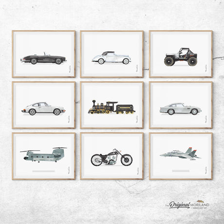 Men's office Decor, Gray Watercolor, Vehicles, Prints, Wall Decor, F-18, Mercedes, Porsche 911, Jeep, Black and white