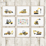 Construction vehicles, digger, and transportation Alphabet watercolor art prints printable for boy room decor by MORILAND