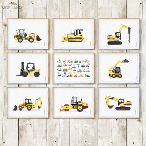 Construction vehicles, digger, and transportation Alphabet watercolor art prints printable for boy room decor by MORILAND