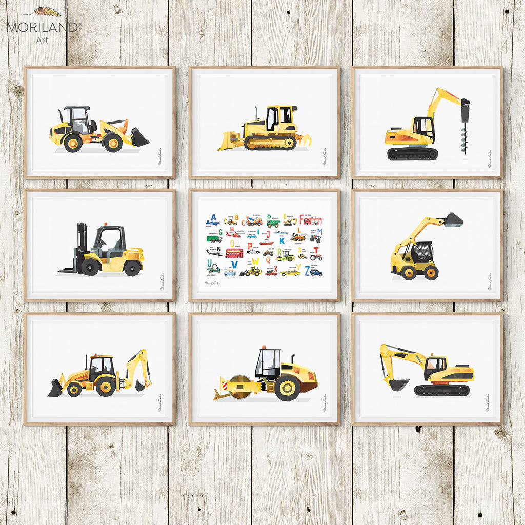 Construction vehicles, digger, and transportation Alphabet watercolor art prints printable for boy room decor by MORILAND
