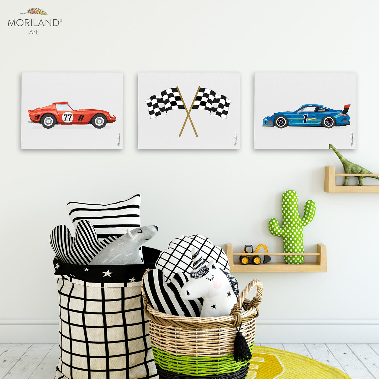 Canvas Prints - Race Cars & Checker Flags - Set of 3 - LAND119 - Kids Room Decor - MORILAND®, Transportation Canvas Prints, Classic Cars Canvas Print, Nursery Wall Decor, Race Cars Bedroom, Toddler Boy Room Decor, Transportation Decor