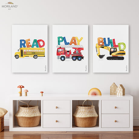 Motivational READ PLAY BUILD Transportation - Canvas Prints - Set of 3 - LAND113, Digger canvas Print, Back to School Gift, Preschool Print, Excavator Print, Digger Art, Construction Print, Toddler Room Decor, Fire Truck, School Bus, Plane Art, Boy Nursery Decor, Truck Print, Transportation Decor, Kids Poster, by MORILAND