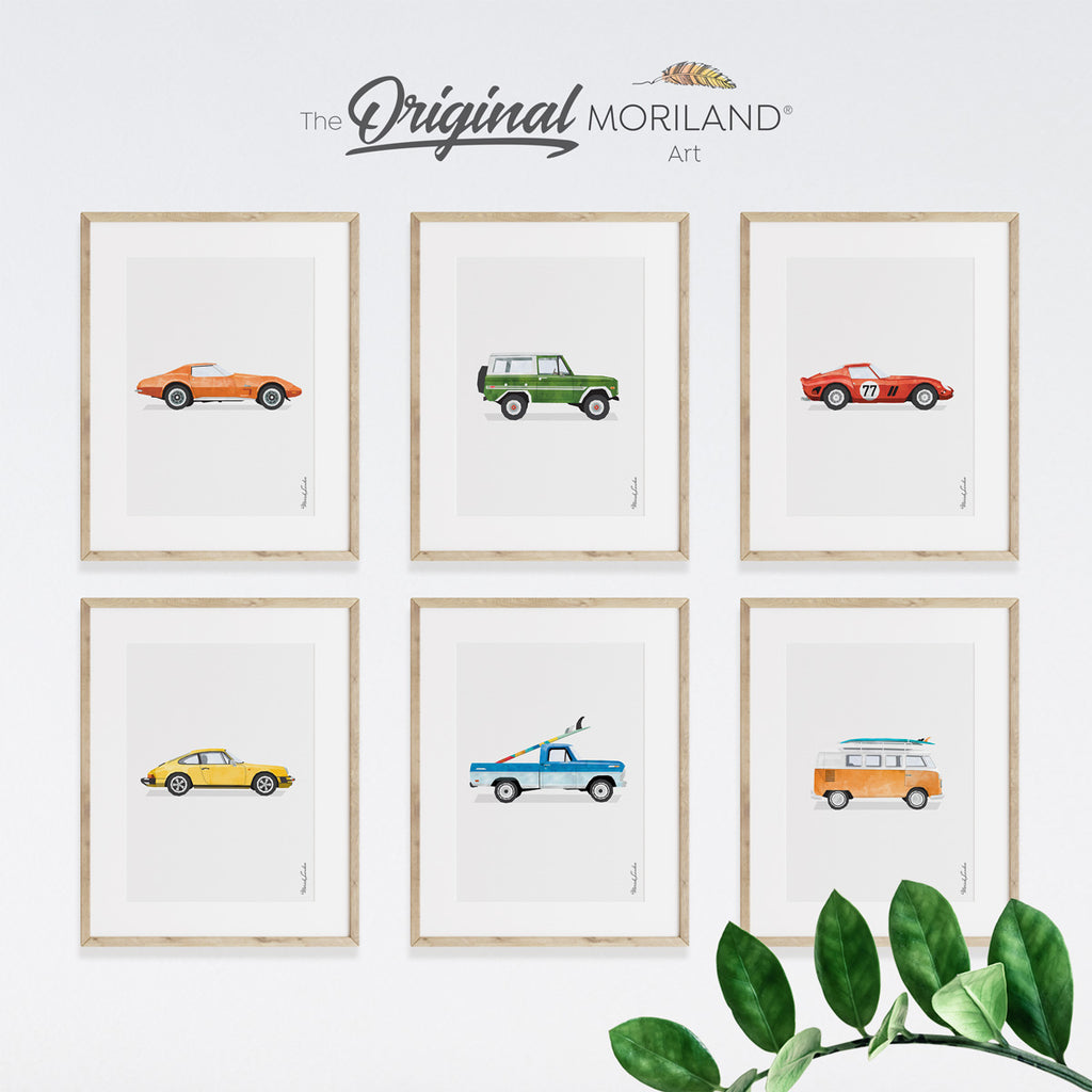 Classic Cars Art Prints - Printable Set of 6 | Vertical, Car Poster, Car Prints for Boys Room, Surf Nursery Decor, Surfboard | MORILAND®