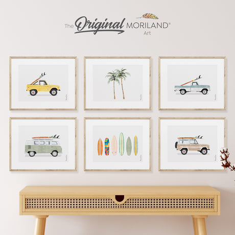 Classic Surf Cars Art Prints - Printable Set of 6, Car Prints for Boys Room, Surf Nursery Decor, Surf Art, Surfboards, Palm Tree | MORILAND®