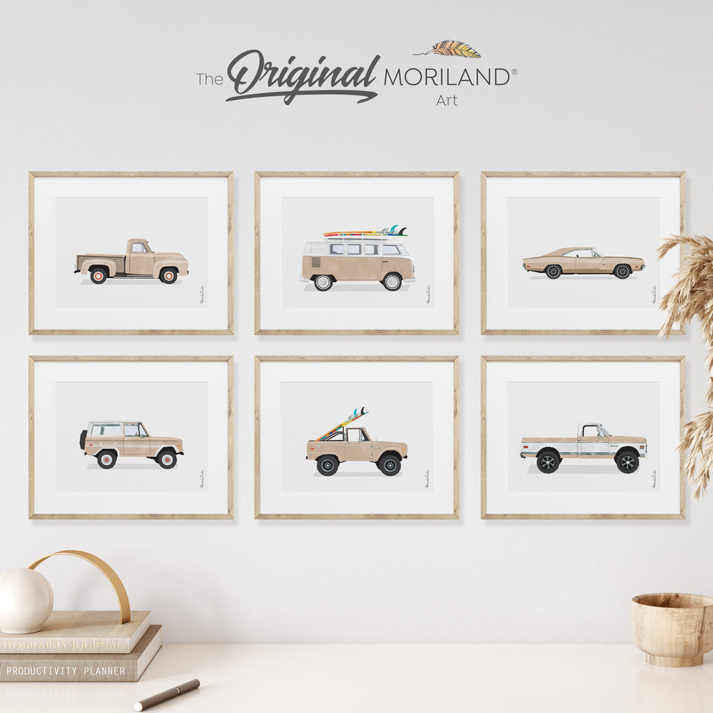 Beige Classic Cars Art Prints - Printable Set of 6, Car Prints for Boys Room, Surf Nursery Decor, Surf Art, Surfboard | MORILAND®